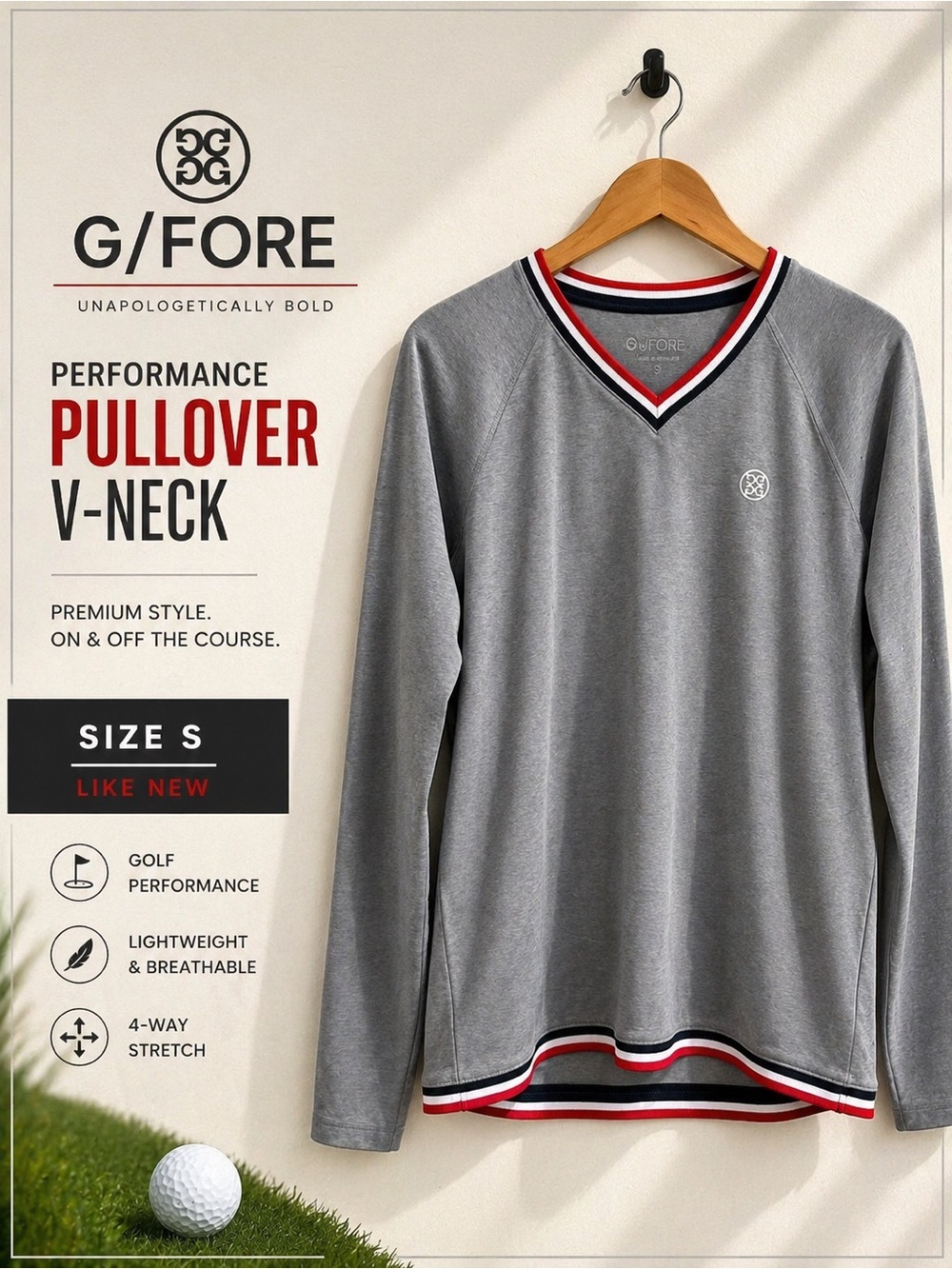 G/FORE Grey Performance V-Neck Pullover Top Size S Like New